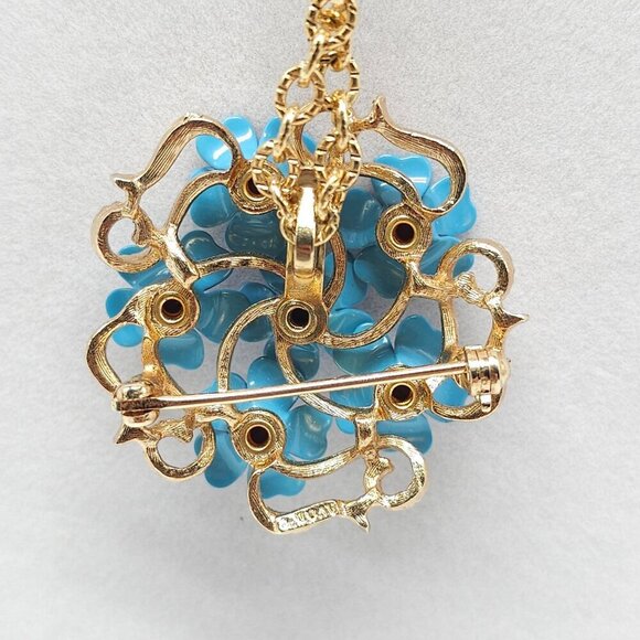 1972 AVON Floral Brooch Necklace Blue Enamel Flowers Rhinestones 26 Inches - Picture 3 of 6